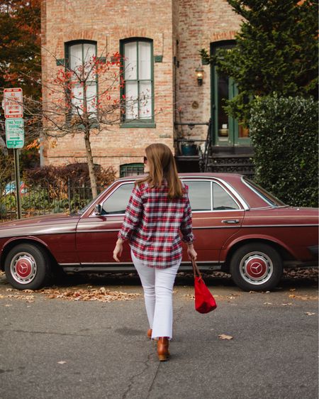 White jeans for winter? We’re running away with it. These @frankandeileen white crop flare jeans feel more like a tailored pant than a jean, which makes them perfect for holding their own against fall and winter layers. For the holiday season, I’m wearing them with a relaxed button-up in a textured flannel tartan.

 And that vintage car across the street? A welcome interloper.

#LTKstyletip #LTKSeasonal #LTKHoliday