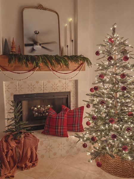 Christmas decor. Traditional Christmas decor. Christmas tree. Christmas ornaments. Plaid pillow. Garland. 

#LTKHoliday #LTKhome #LTKCyberweek