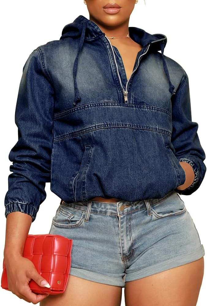 Women's Half Zip Denim Hoodie Pullover Jacket Jean Tops | Amazon (US)