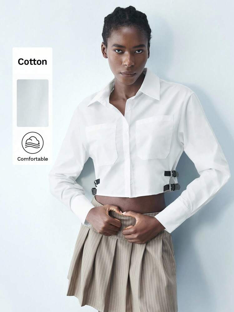 Maija Women's Spring Side Leather Buckle Design Short Hem Single Breasted White Long Sleeve Shirt, Suitable For Independence Day, Saint John, Graduation, Holidays | SHEIN