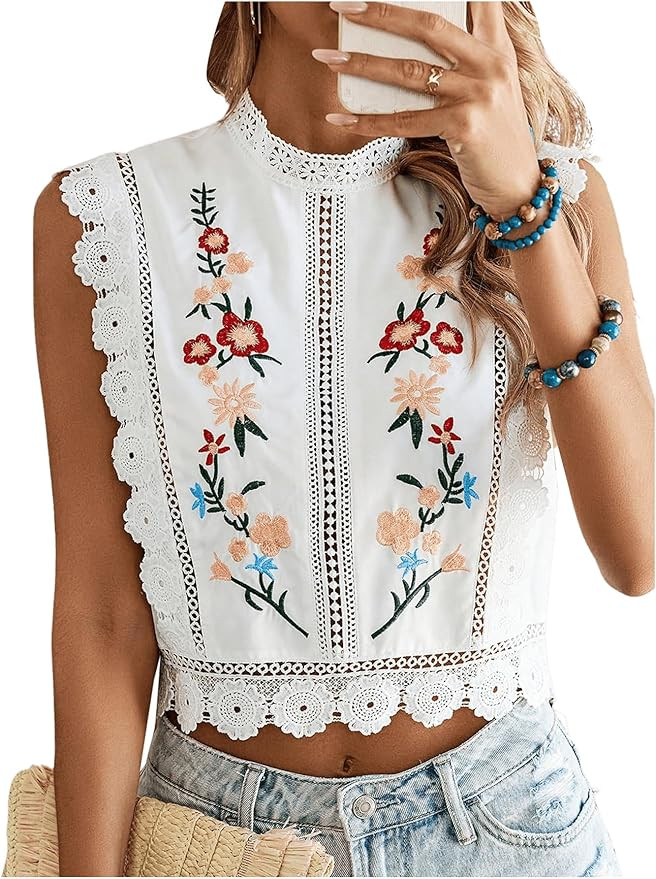 Floerns Women's Floral Embroidery Lace Trim Blouse Mock Neck Sleeveless Holiday Crop Tops | Amazon (US)