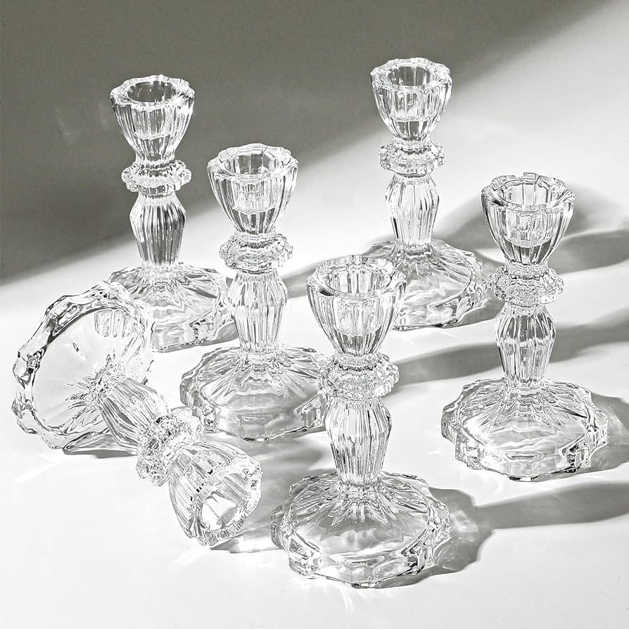 4" Tall Glass Candlestick Set of 6 Clear Crystal Candle Holders for Glass Taper Holder Decor for ... | Amazon (US)