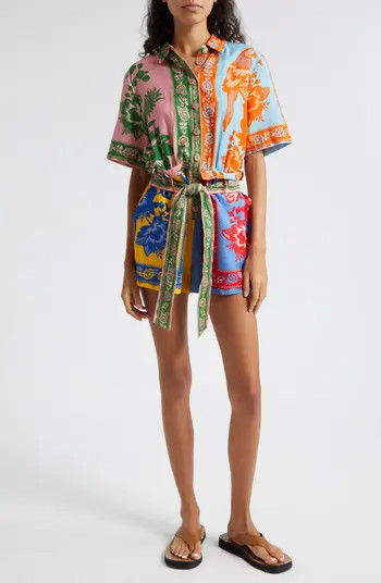 FARM Rio Lace Garden Mixed Scarf Print Tie Belt Linen Blend Romper | Nordstrom | Nordstrom