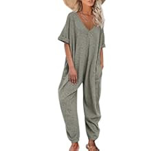 Nirovien Women's Solid Color V Neck Jumpsuits Half Sleeve Long Rompers Beam Foot Baggy Overalls P... | Amazon (US)