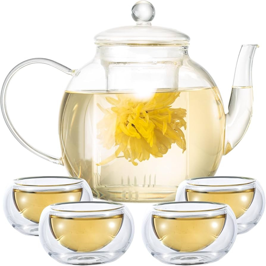 Glass Teapot Set with 4 Teacups, 1500 ml/50 oz Tea Pot with Infusers for Loose Tea and Flower Tea... | Amazon (US)