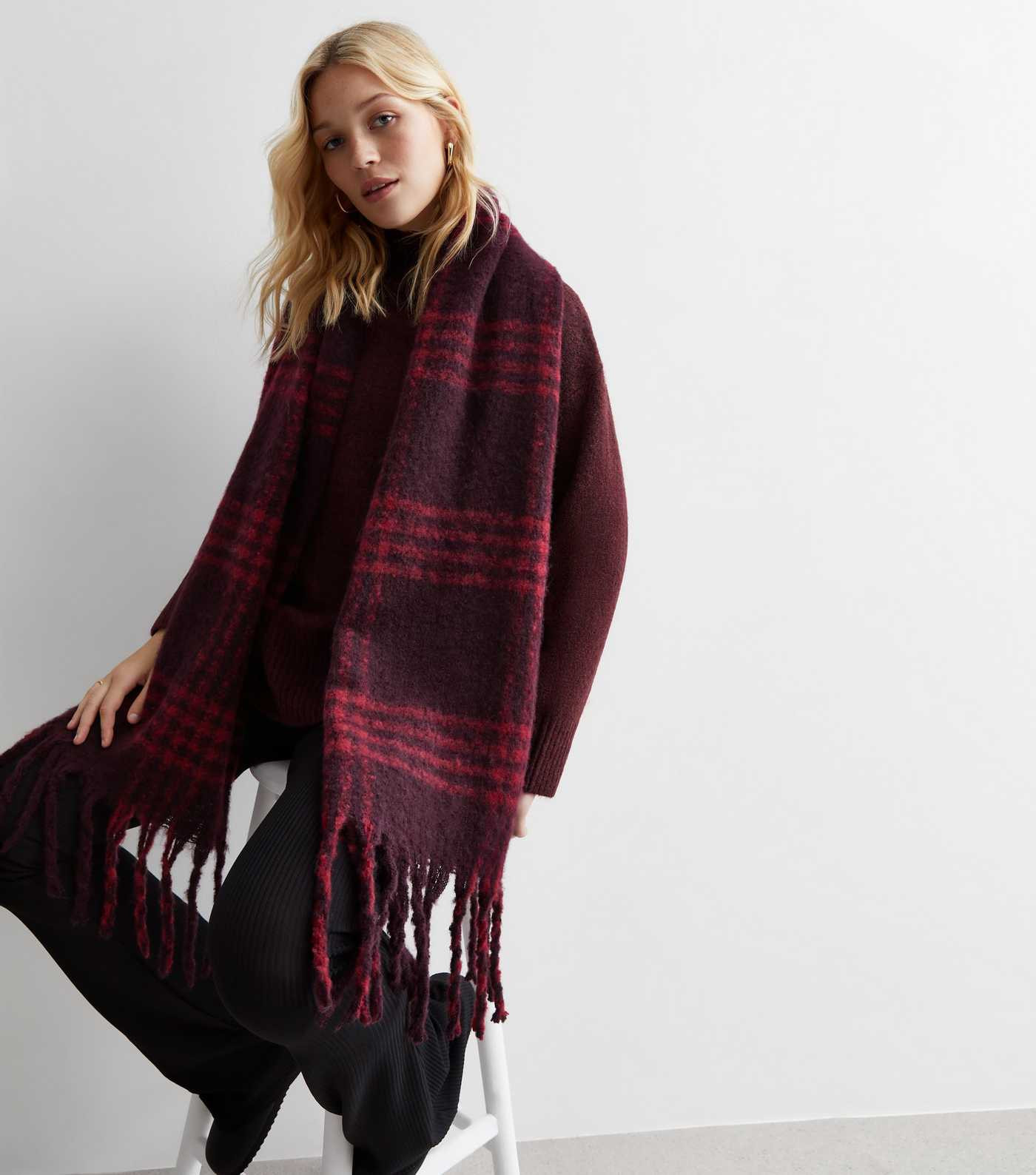 Burgundy Check Print Brushed Tassel Scarf | New Look | New Look (UK)