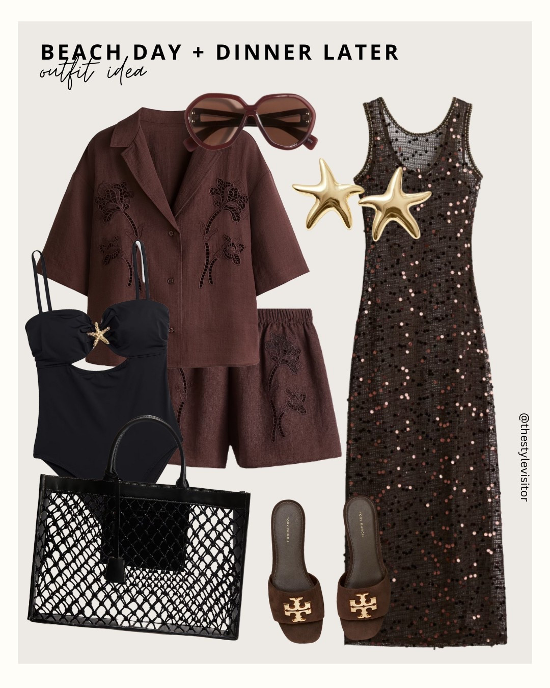 A one-piece, sequin slip, and brown slides — say hello to your day-to-night vacation winner 🌅💫 Chic enough for cocktails after the beach, comfy enough to live in 🖤

Like this post to save it to your favourite folder and come back later to shop.

Keywords: one piece swimsuit, day to night outfit, sequin dress, black swim, beach to dinner, brown slides, gold earrings, glam layers, resort chic, sparkle look, vacation capsule, soft glam, dinner look, chic beachwear, coverup outfit, luxe look, glam accessories, poolside glam, stylish resortwear, travel outfit