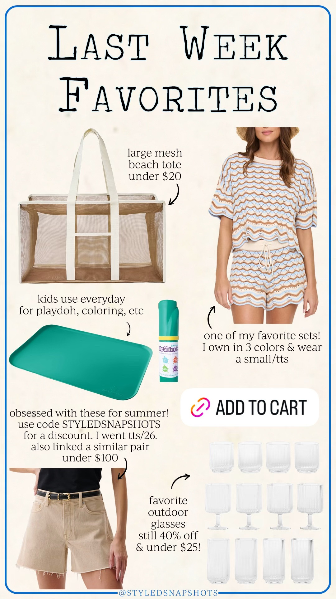 Last week follower favorites 
-mesh beach tote under $20
-lounge set: I own this in 3 colors! I wear a small/tts and it’s one of my favorites
-silicone craft mat 
-tan denim shorts: 26/tts (code STYLEDSNAPSHOTS for discount)
-acrylic outdoor glasses

#LTKmomlife