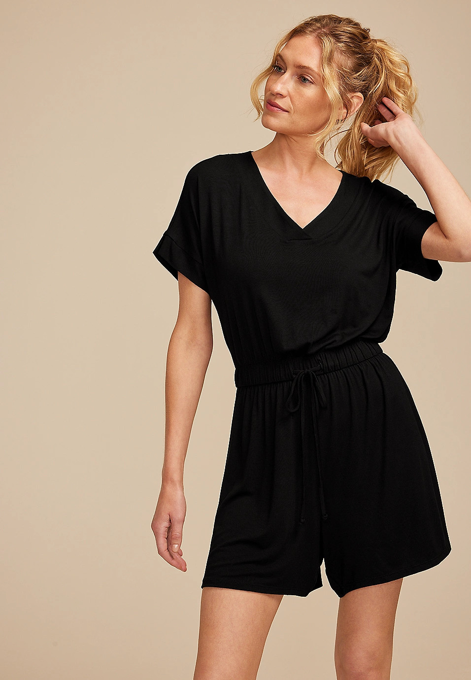 24/7 V Neck Tie Waist Romper | Maurices