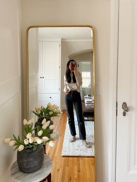 this weekend’s outfit.  my jeans are the Ankle Straight Ultra High Rise. Wearing size 23 regular. *black straight leg jeans, sweater, rug, faux tulips, brass arched floor mirror 


#LTKhome #LTKstyletip