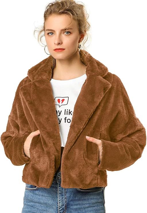 Allegra K Women's Cropped Jacket Notch Lapel Faux Fur Fluffy Coat | Amazon (US)