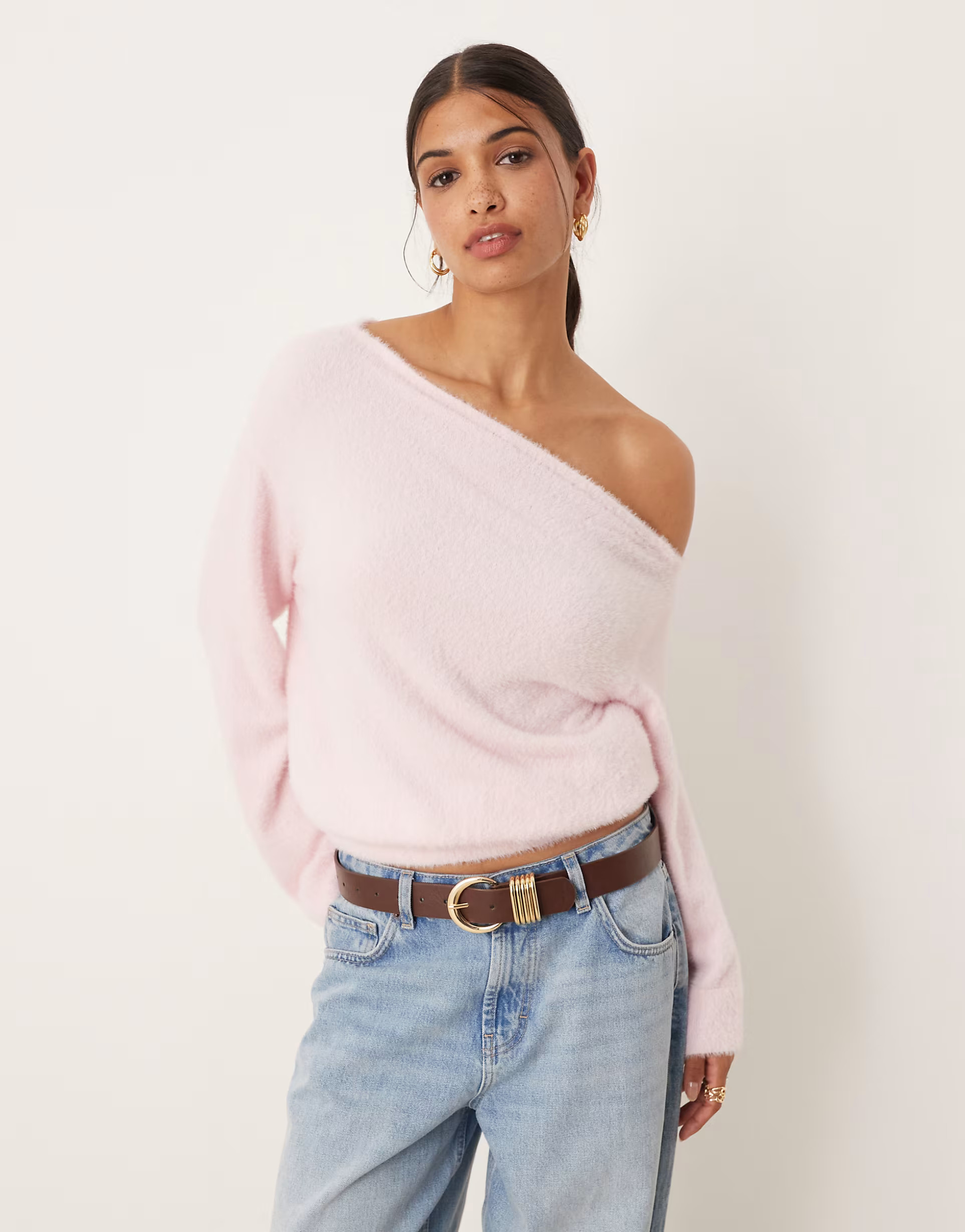 ASOS DESIGN supersoft knitted one shoulder jumper with cinched waist pink | ASOS | ASOS (Global)