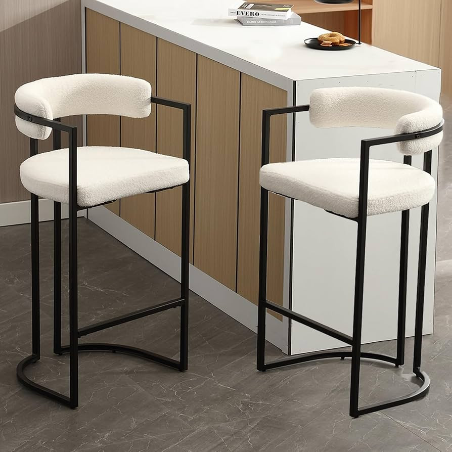 30Inch Sherpa Bar Stools Set of 2, Modern White Barrel Bar Stools with Comfy Back, Upholstered Hi... | Amazon (US)