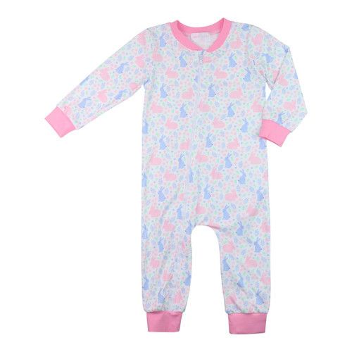 Pink And Blue Knit Bunny Print Zipper Pajamas | Cecil and Lou
