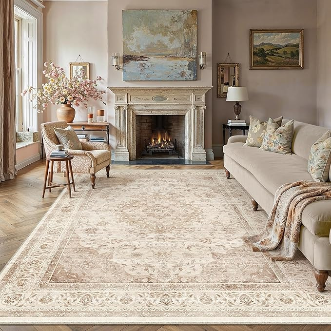 8x10 Beige Washable Vintage Area Rug for Living Room Bedroom Soft Tranditional Non Slip Large Thr... | Amazon (US)