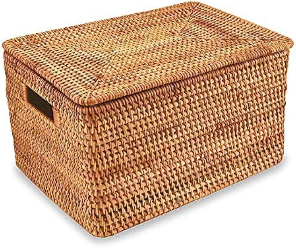 FIYAMMY Rattan Basket With Lid, Large Lidded Basket For Storage Rattan Box(15.3" L×11.4"W×9.5"H... | Amazon (US)