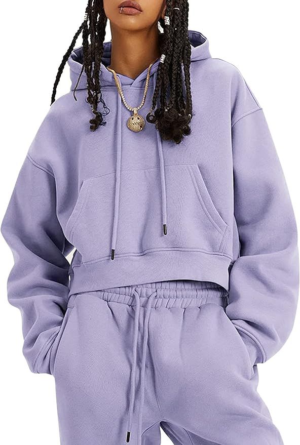 Womens Fleece 2 Piece Outfits Sweatsuit Crop Top And Pants Hoodie Tracksuit Set | Amazon (US)