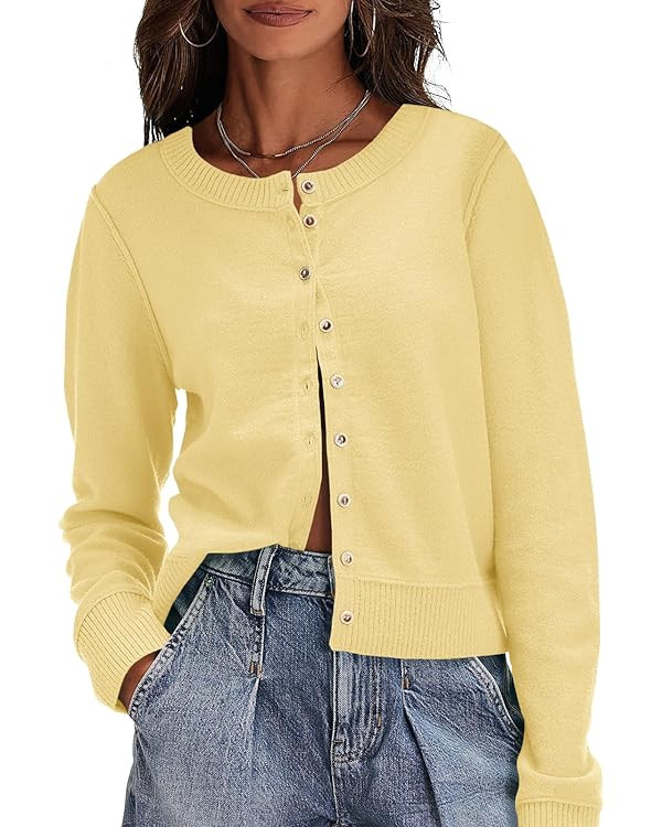 Saodimallsu Womens Button Down Cardigan Sweaters Lightweight Long Sleeve Crew Neck Summer Knit Op... | Amazon (US)