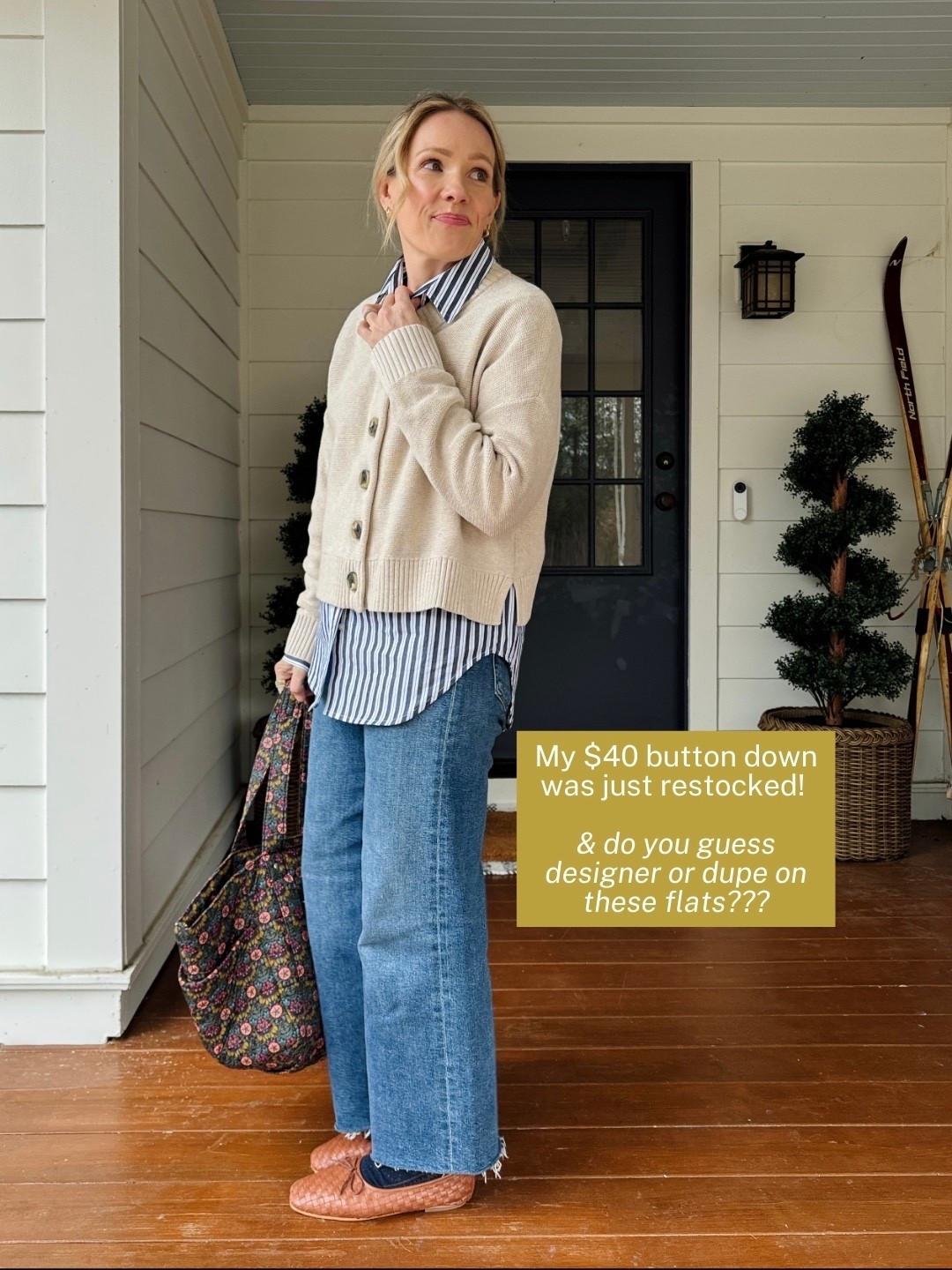 Wearing my regular size small in under $50 poplin button down & viral Quince cardigan sweater, color is Speckled Beige ~ Quince under $100 square toe woven flats along with the designer version ~ Agolde harper crop jeans are an everyday favorite I reach for multiple times a week true to size, wearing crop length (i'm 5'3") Clare V Sportif Tote ~ Bauble Bar earrings ~ Merit flush balm on lips & cheeks in LeBonBon ~ eby underwear size up to Medium ~ xo, Claire

#LTKFindsUnder100 #LTKFindsUnder50 #LTKWorkwear