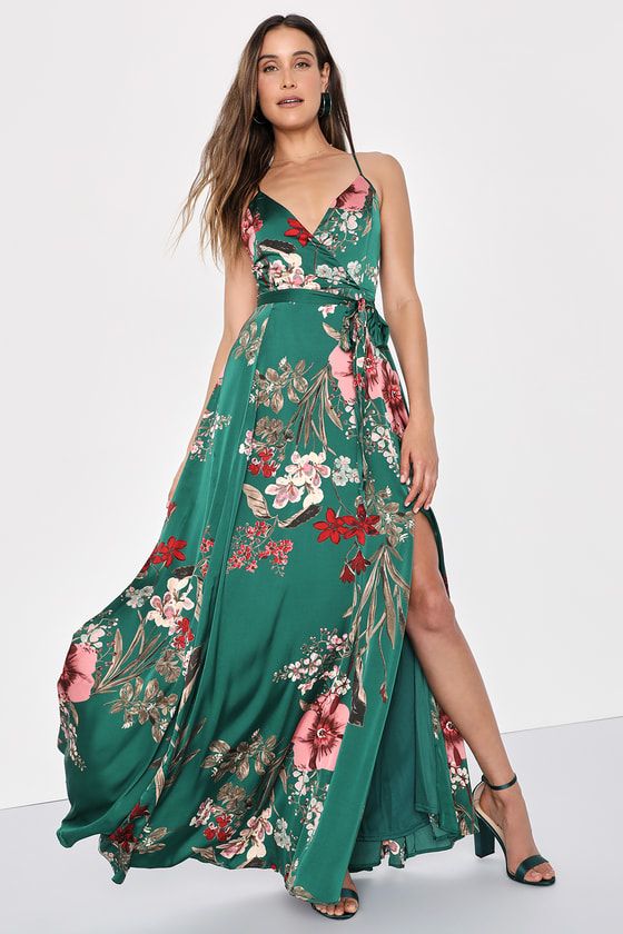 Still the One Emerald Green Floral Print Satin Maxi Dress | Lulus (US)
