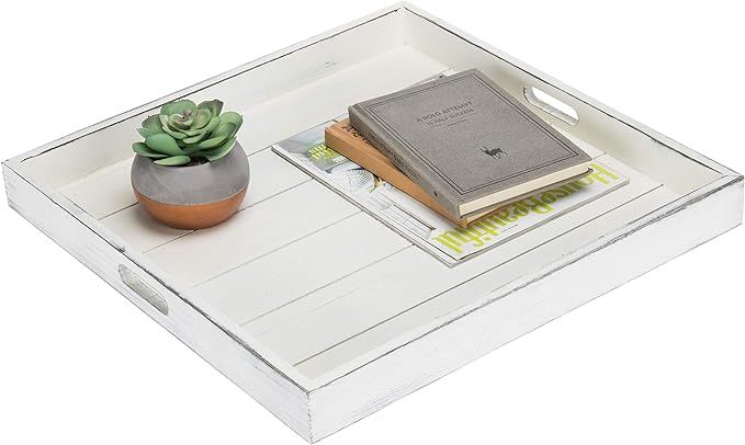 MyGift Vintage White 19-Inch Square Ottoman/Serving Tray with Cutout Handles | Amazon (US)