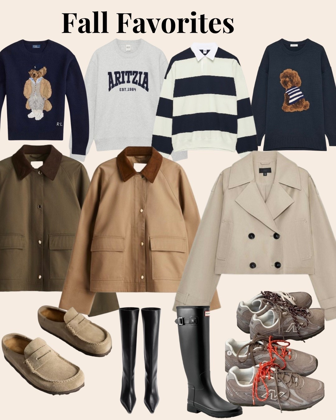 Shopping list for fall | aritzia rugby shirt | aritzia sweatshirt | new balance 204L Mushroom Arid Stone | Aritzia Tna Polo | jacket with corduroy collar | tall boots | knee high boots | Birkenstock Naples 