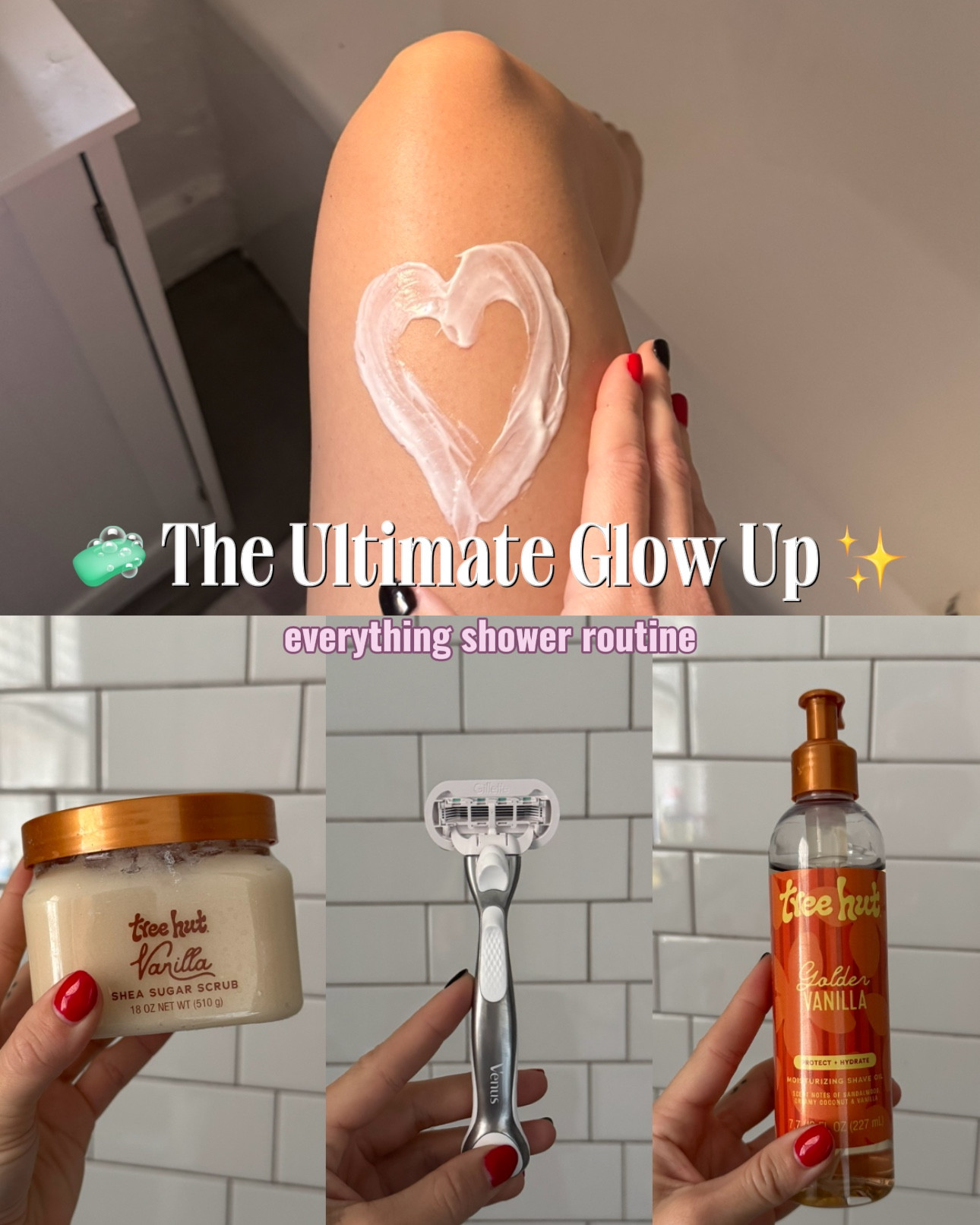 here is the shower routine that leaves my skin feeling so soft & hydrated! ✨ step 1: cleanse with method body wash step 2: (only if i didn’t use the exfoliating mitt) scrub with tree hut shea sugar scrub step 3: exfoliate my feet with dr scholls hard callous remover step 4: prep my skin for shaving with tree hut golden vanilla shave oil step 5: shave with gillette venus razor step 6: cleanse with l’occitane shower oil step 7: pat my skin dry with a towel step 8: moisturize with l’occitane extra gentle lotion step 9: lock in hydration with l’occitane body oil

#LTKgrwm #LTKmorningroutine #LTKselfcare