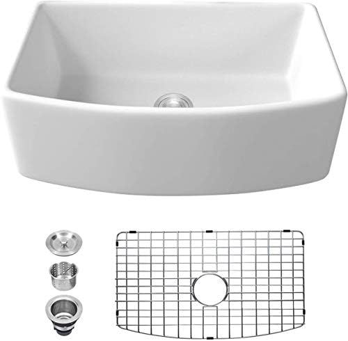 30 White Farmhouse Sink - Logmey 30 inch Kitchen Sink Arch Edge Curved Apron Front Ceramic Porcel... | Amazon (US)