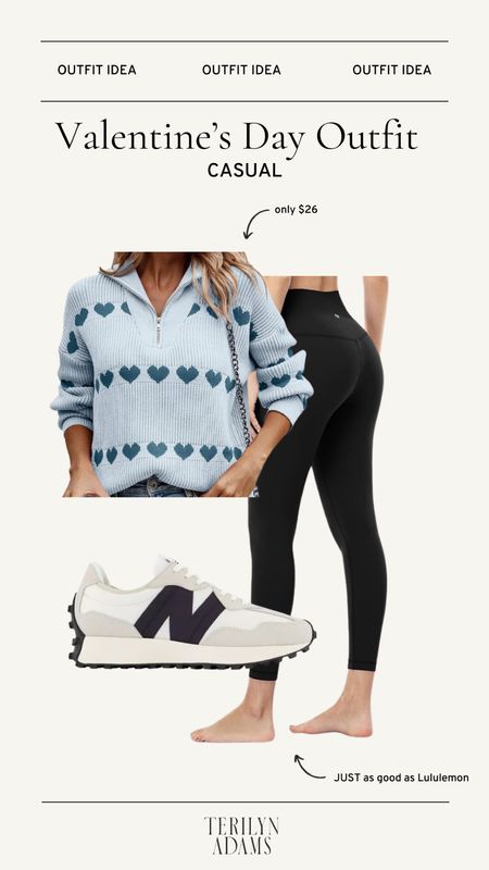 Valentine’s Day outfit idea - this heart sweater from Amazon is fun and festive for Vday but something you can wear long after as well. I also added my favorite Amazon leggings (TTS) and sneakers that are fully stocked at Dicks! 

#LTKshoecrush #LTKSeasonal
