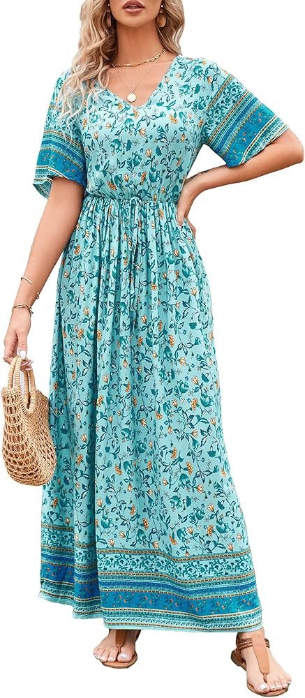 PRETTYGARDEN Women's Casual Summer Boho Floral Print Dress V Neck Short Sleeve High Waist Long Ma... | Amazon (US)