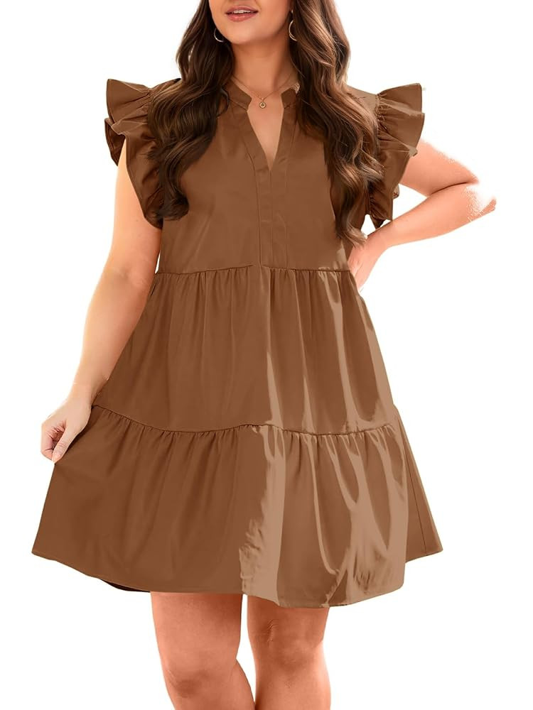 Fisoew Plus Size Dresses for Women Summer Ruffle Short Sleeve V Neck Dress Tiered Swing A Line Ba... | Amazon (US)