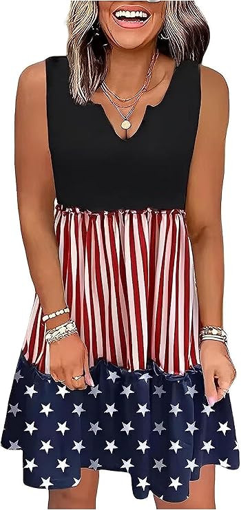 CHUNTIANRAN American Flag Star Vertical Striped Ruffled Mini Dress Women 4th of July Patriotic Dr... | Amazon (US)