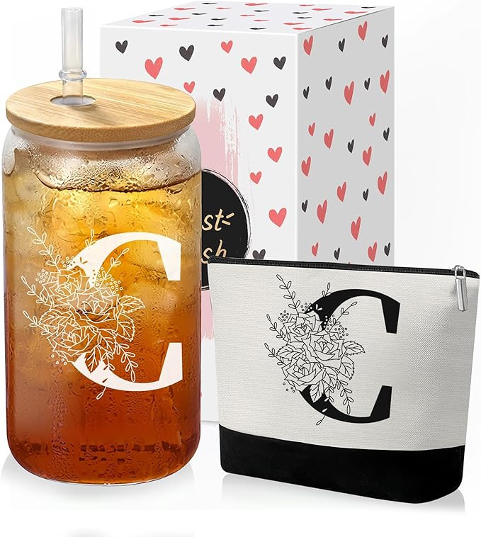 Personalized Gifts for Women, Initial 16 oz Glass Cups With Lids And Straws, Monogram Makeup Bag ... | Amazon (US)