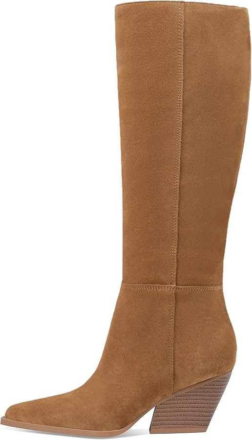 Mattiventon Womens Suede Knee High Boots Chunky Heels Snip Toe | Amazon (US)