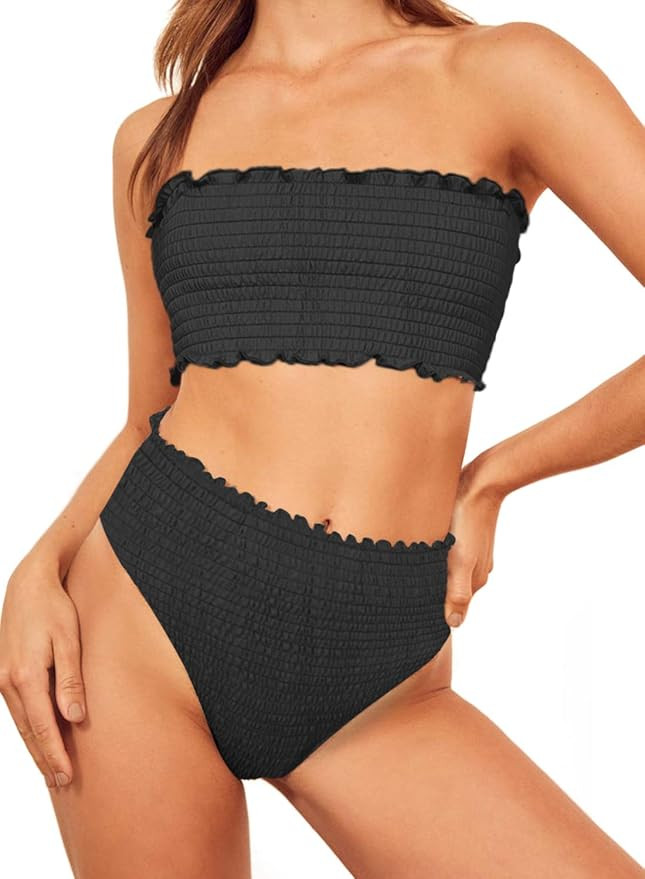 Aleumdr Womens 2 Pieces Bandeau Bikini Swimsuits Off Shoulder High Waist Bathing Suit | Amazon (US)