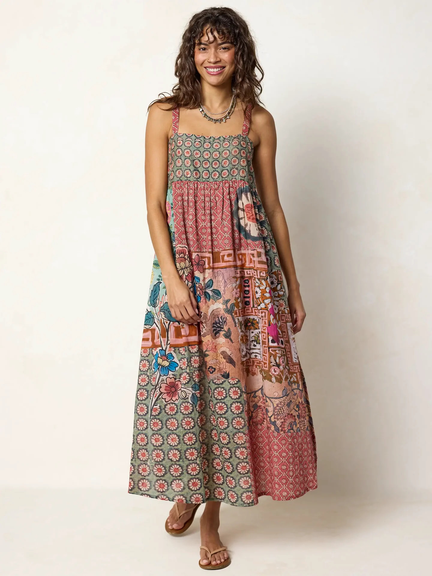 Patti Side Slit Cotton Maxi Dress - Patchwork Medallion Floral | Natural Life
