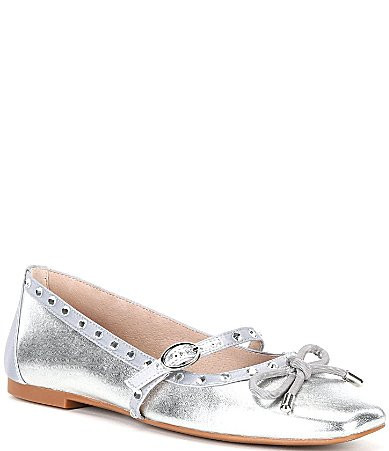 Gianni Bini Rayna Metallic Leather Rhinestone Trim Mary Jane Ballerina Bow Flats - 5.5 | Dillard's