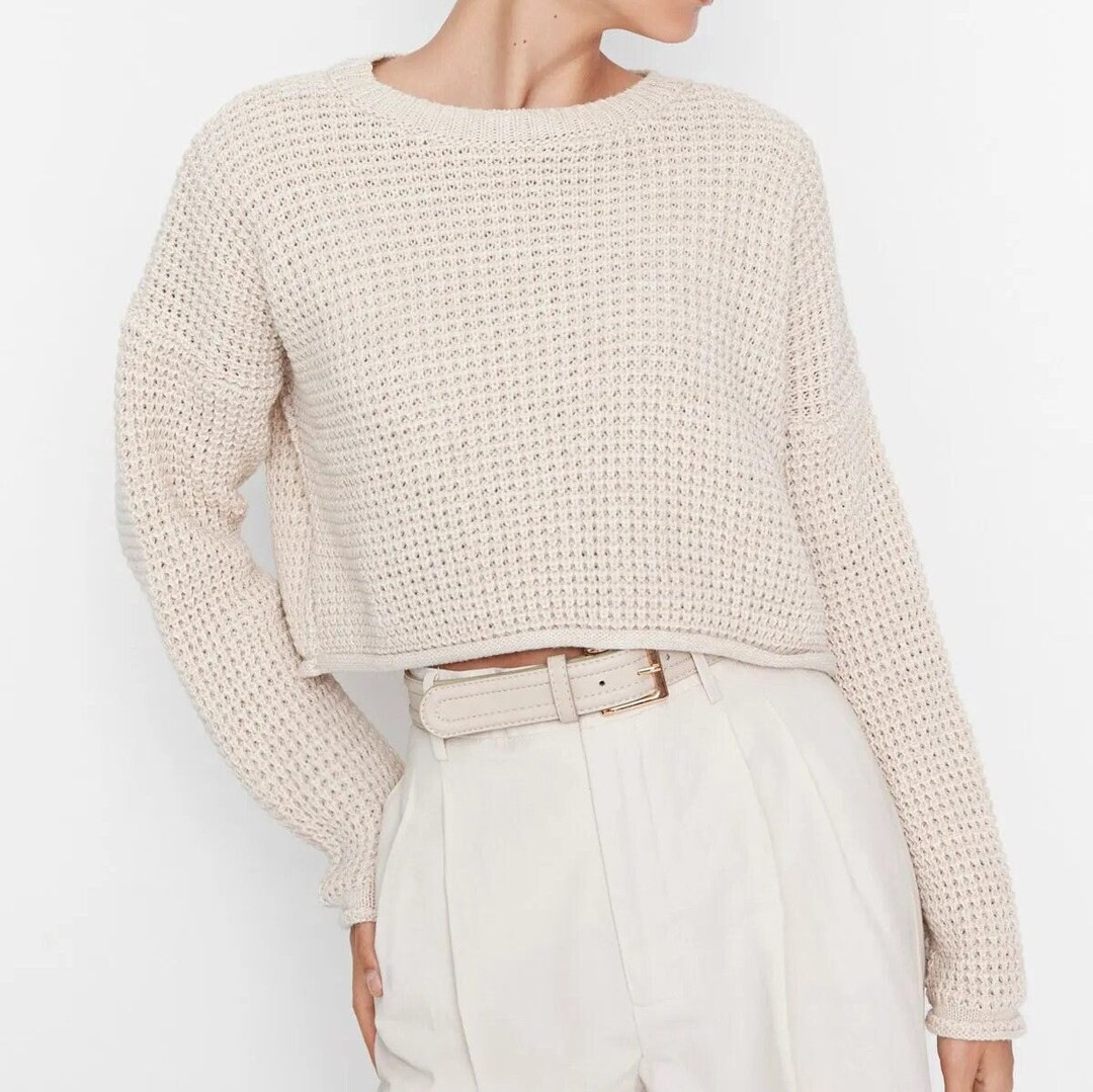 Cozy Cotton Crop Beige Sweater Handknit in Multiple Colors Chic Handcrafted Crop Sweater Handmade... | Etsy (US)