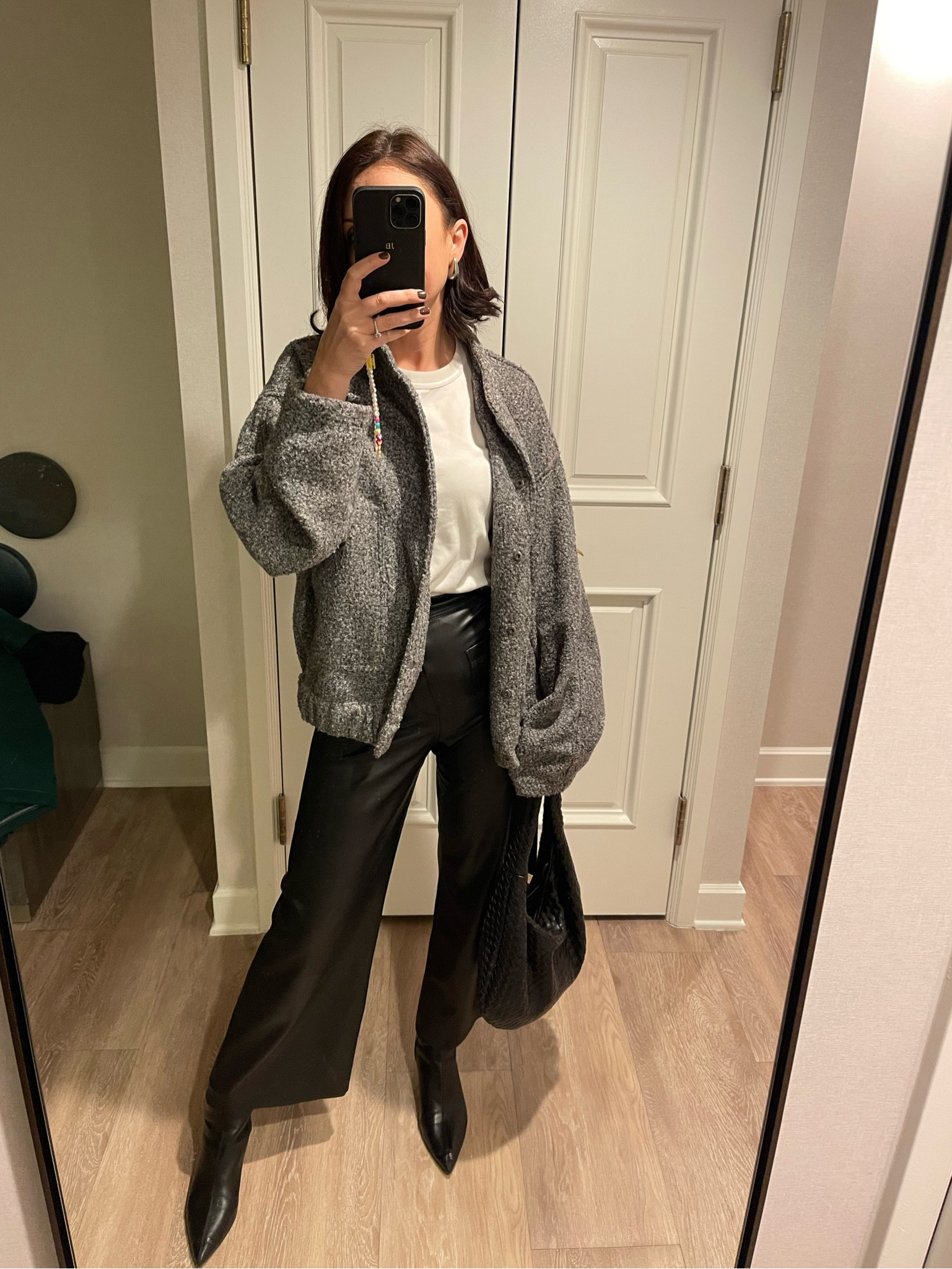 This jacket is on high rotation I love it, the feel of it and the warmth. Dress it up or down. Color grey is on trend. 
Leather pants, pointed heels and anthropology designer #lookforlessbag

#LTKitbag #LTKover40 #LTKSeasonal