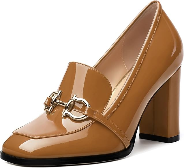 Womens Loafers - Square Toe High Heels Shoes with Gold Metal Buckle, Fashion Women's Pumps Shoes ... | Amazon (US)