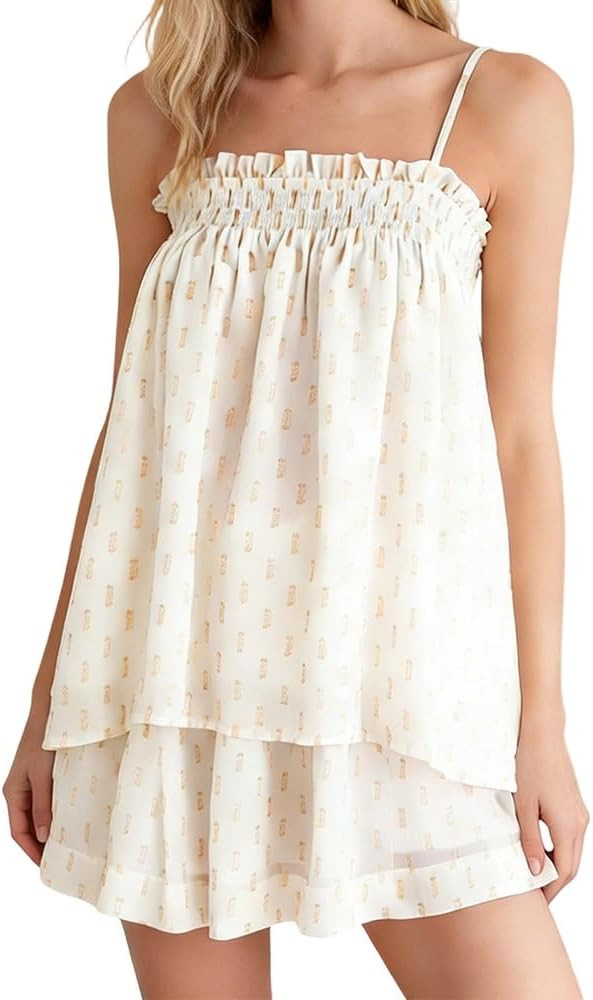 ROAONOCOMO Women Gingham 2 Piece Pajama Set Flowy Peplum Babydoll Cami Top Wide Leg Shorts Sets S... | Amazon (US)