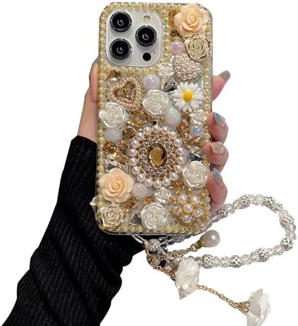 iFiLOVE for iPhone 16 Pro Max Bling Diamond Case with Flower Strap, 3D Luxury Sparkle Glitter Cry... | Amazon (US)