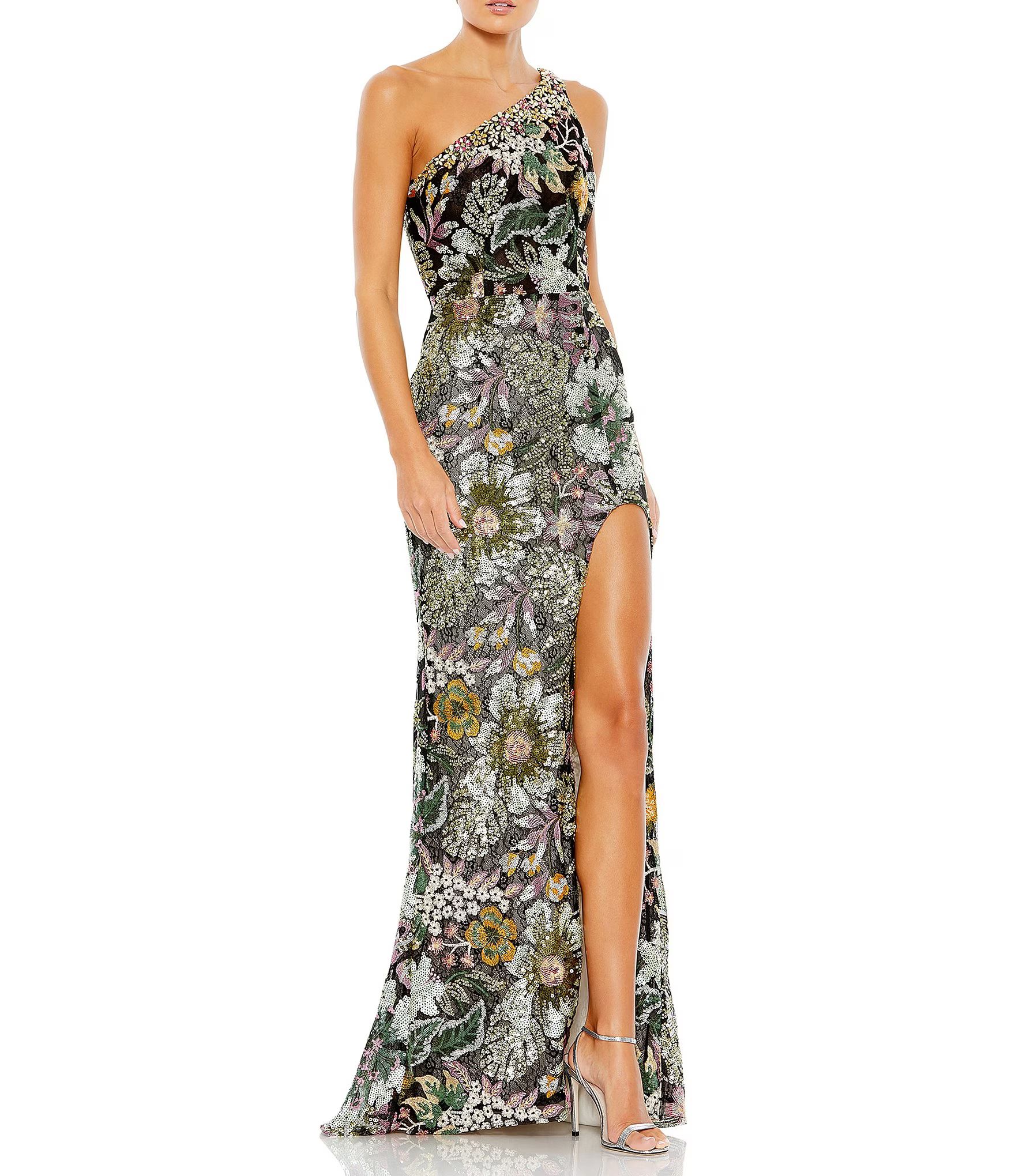 Mac Duggal Sleeveless Asymmetric One Shoulder Floral Embroidered Thigh High Slit Sheath Gown | Di... | Dillard's