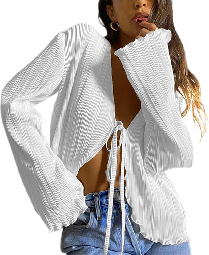 Women Sheer Button Up Blouse Sexy Collared Shirts Mesh Flare Sleeve Crop Top Y2k Vintage Streetwe... | Amazon (US)