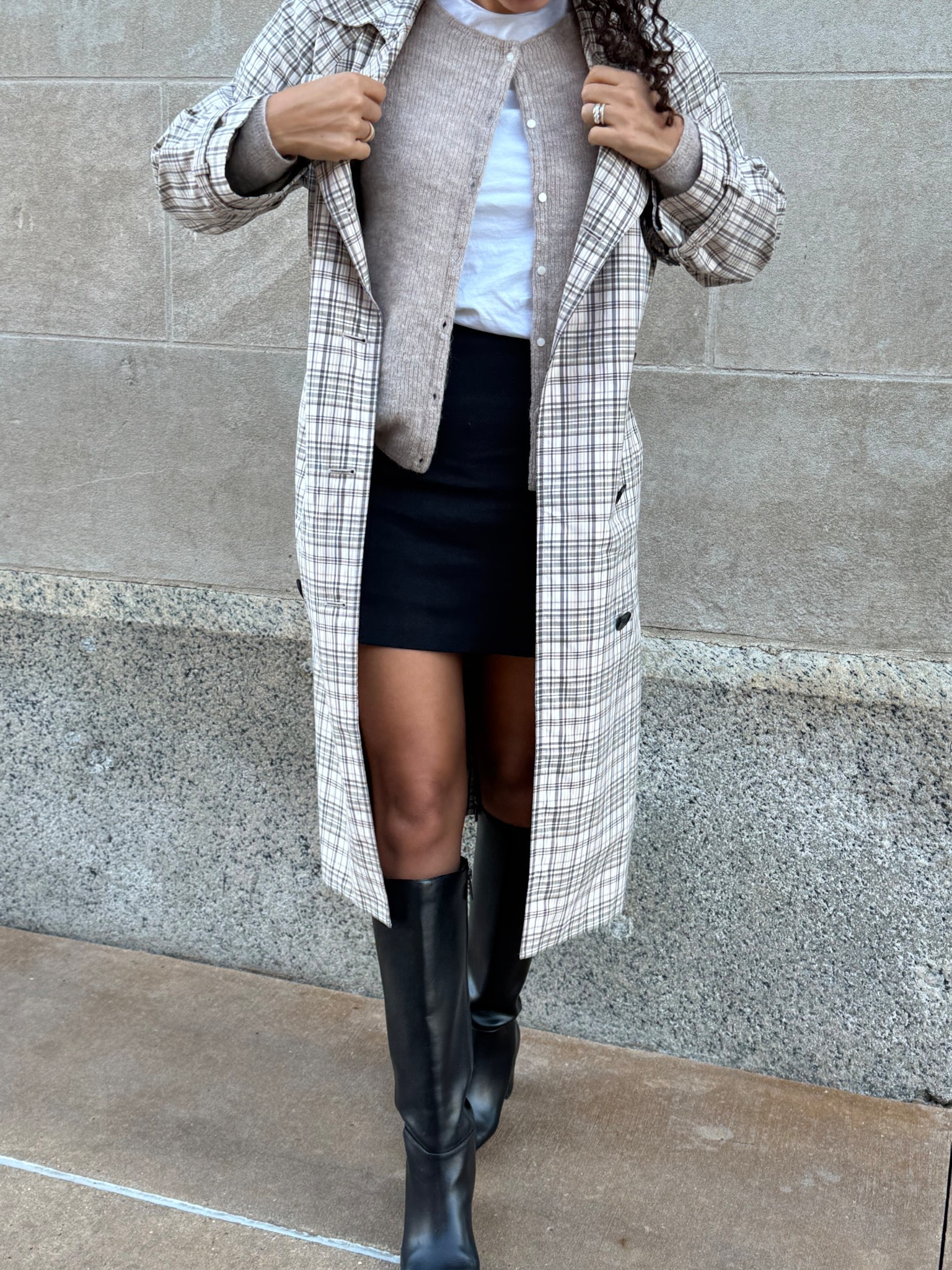 plaid trench coat, white tee, cardigan, black mini skirt, knee high boots 

#LTKStyleTip #LTKSeasonal