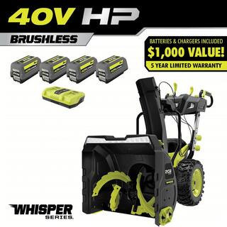 40V HP Brushless Whisper Series 24"" 2-Stage Cordless Electric Self-Propelled Snow Blower - (4) 6 Ah Batteries & Charger | The Home Depot
