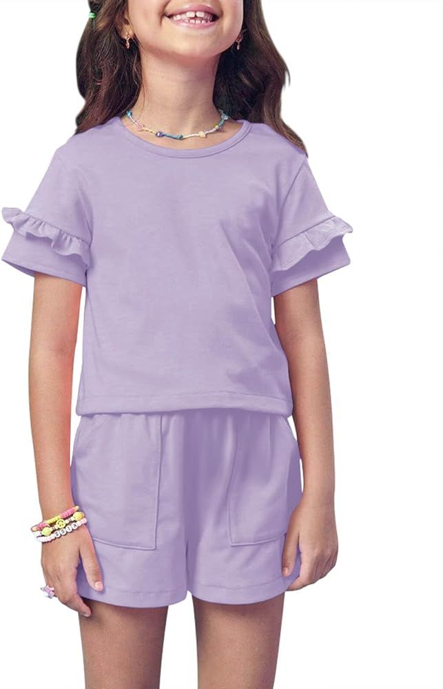 Haloumoning Girls 2 Pieces Outfits Ruffle Crewneck T-shirt Tops and Shorts Summer Clothing Sets 5... | Amazon (US)