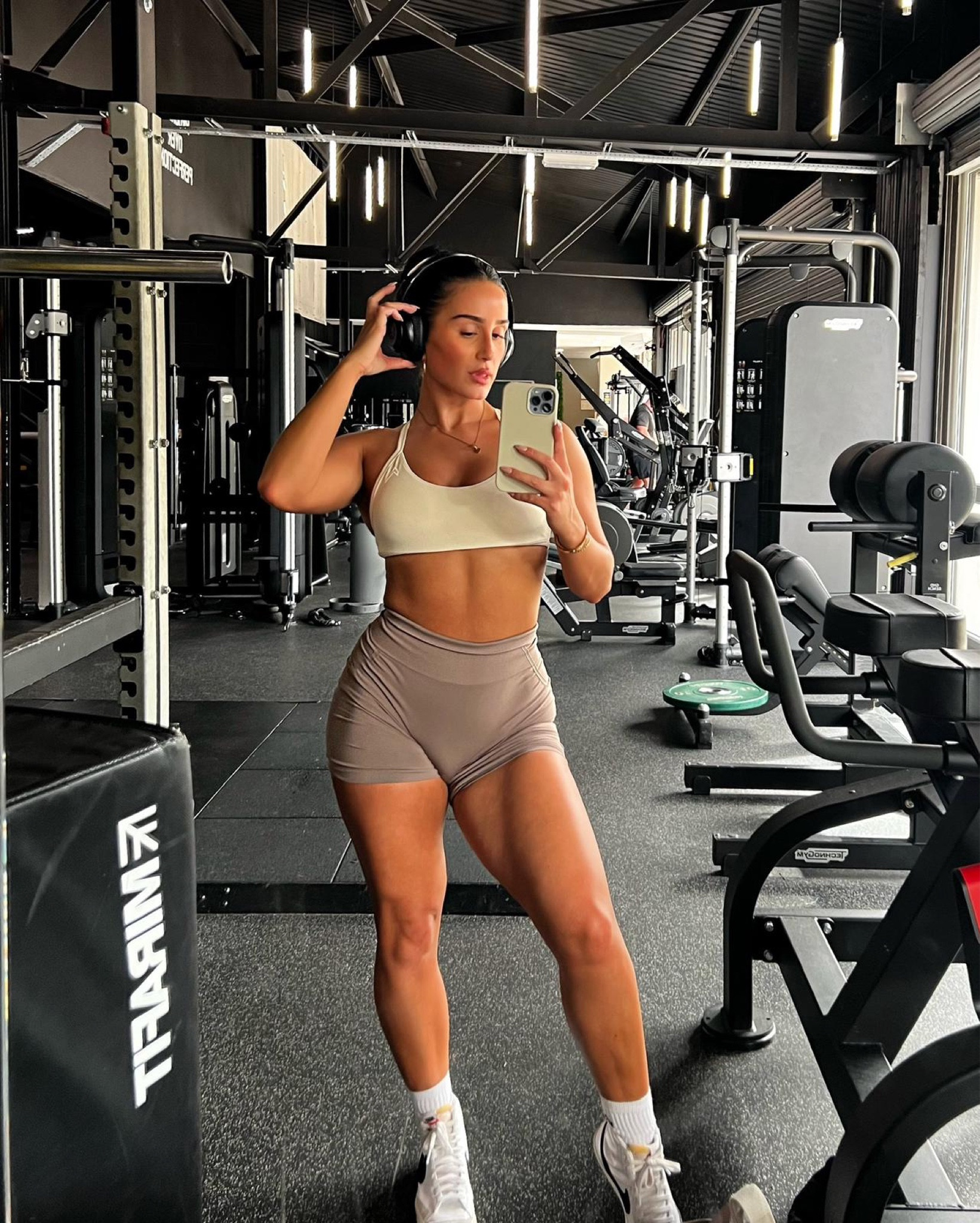 Pale yellow sports bra, sport top, taupe gym shorts, sports wear, gym wear, alo, Nike trainers, high tops, gym shark, adanola 

#LTKfitness #LTKstyletip #LTKeurope