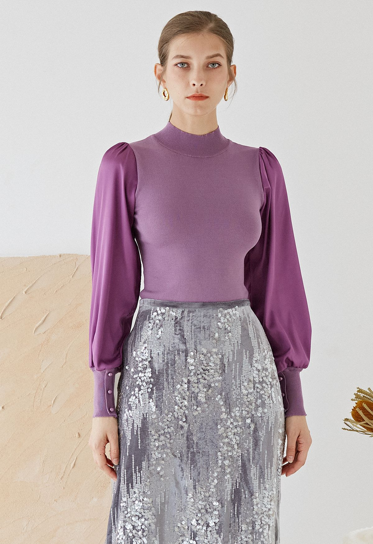 Mock Neck Satin Spliced Knit Top in Violet | Chicwish