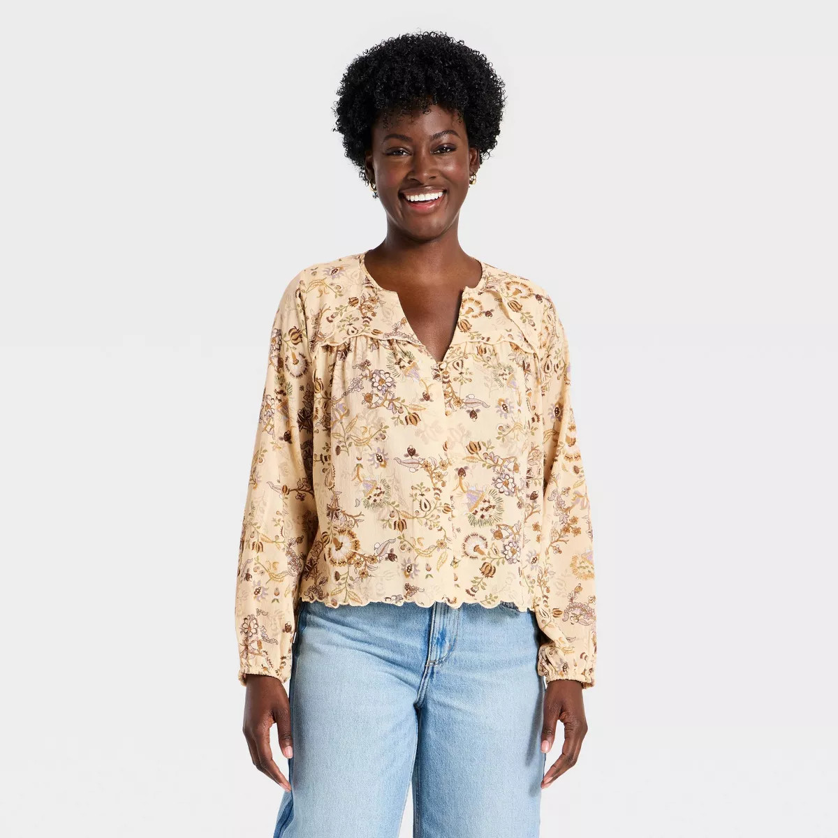 Women's Long Sleeve Scalloped V-Neck Button-Up Blouse - Universal Thread™ Cream Floral S | Target